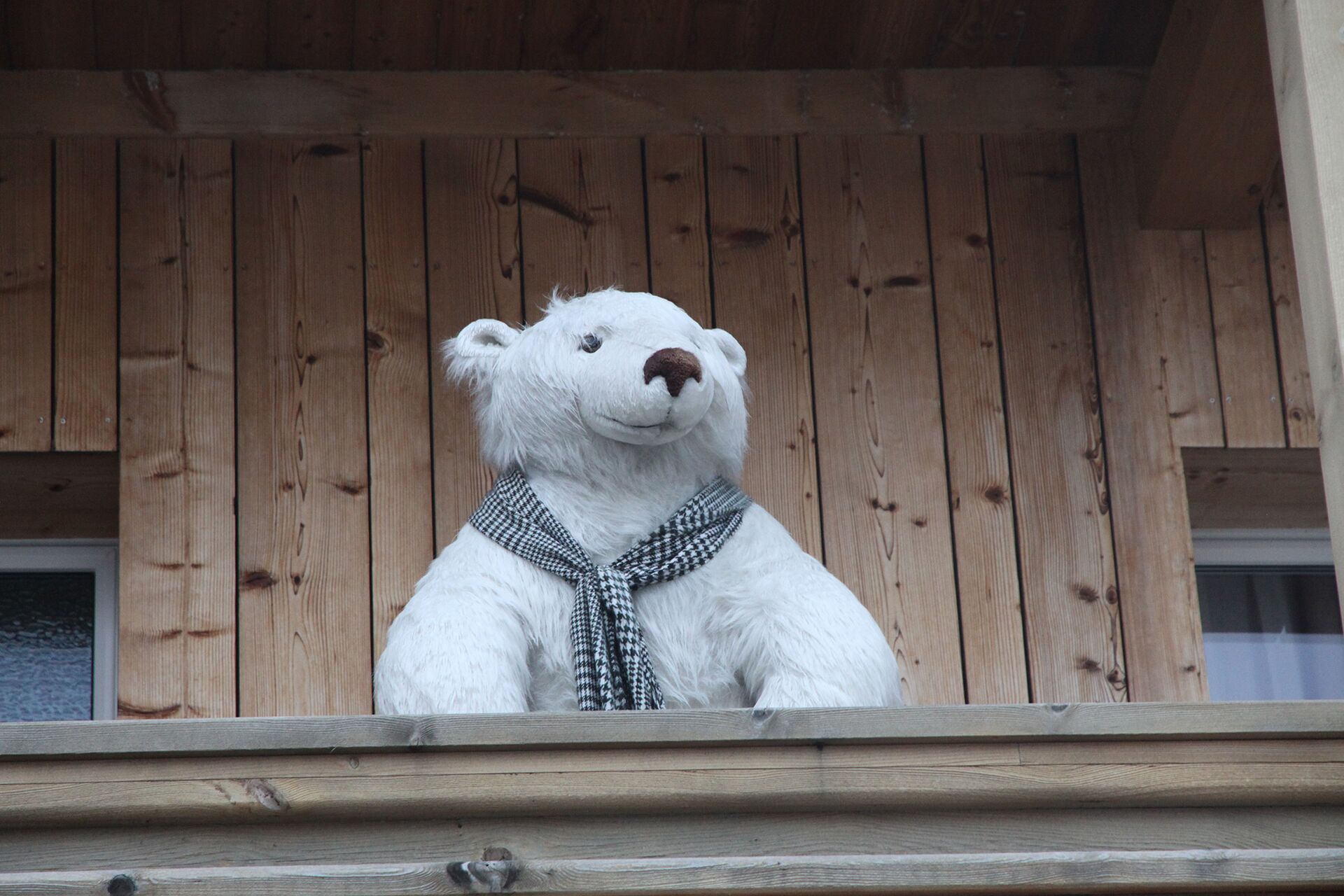 Plüschbär auf dem Balkon der Appartements Das Edelweiss in Grän, Tannheimer Tal, Tirol.